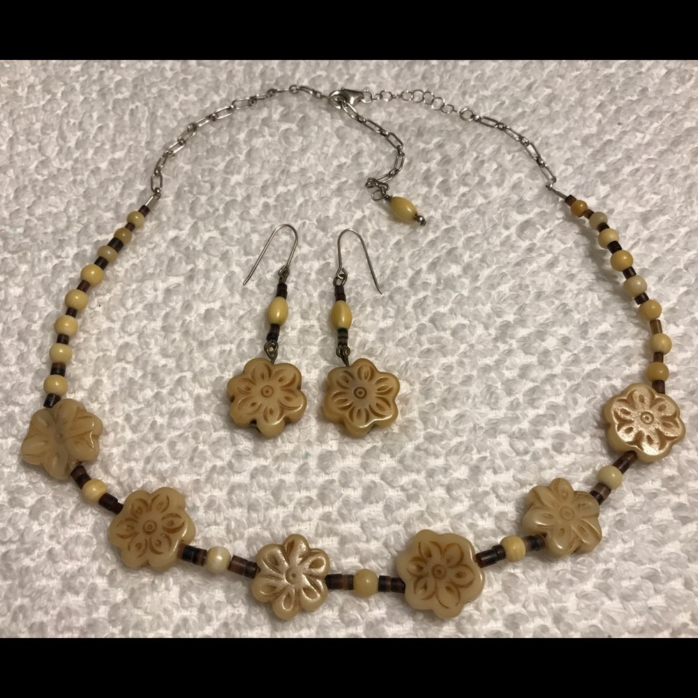 Handcrafted Bone Daisy Necklace & Earring Set